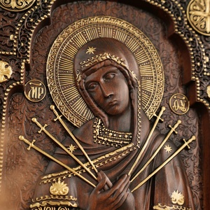 Escultura religiosa de madera moderna Nuestra Señora DE LOS Dolores Virgen María con siete flechas decoración <span class=keywords><strong>del</strong></span> hogar al aire libre arte de pared cristiana - Product Image 5