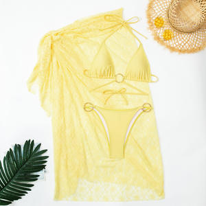 Viviblook Z325ST01 Women Swimsuit Set New Halter Lace Up <b>Bra</b> Thong <b>Sheer</b> Lace Skirt Split 3 Piece Bikini Set Beachwear Swimwear - Product Image 1