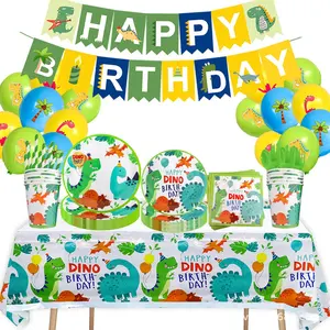 공룡 테마 생일 파티 장식 도매 배너 케이크 토퍼 종이 접시 컵 식탁보 용품