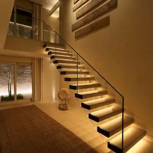 XIYATECH Led Light Custom Glass Floating Wooden Luxury Modern Straight Steel Structure Solid Wood Indoor Metal Stairs 25-35 Days