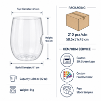 Verres à vin sans pied en plastique 12oz, transparents comme du cristal, en PET incassable, sans BPA, avec logo personnalisé, vente en gros pour fêtes et bars