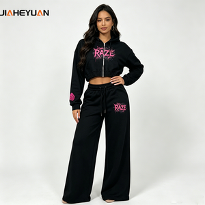 <strong>Women's</strong> Garment Washed Heat Transfer Heavyweight Cotton Terry Cropped Zip <strong>Hoodie</strong> &amp; Wide Leg Pants Two Piece Y2K Streetwear Set - Product Image 1