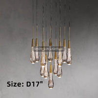 Lustre moderne en verre en forme de goutte de pluie de 36 pouces, en laiton, avec éclairage LED suspendu pour salon