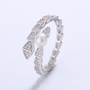 Copper <b>Snake</b> Shape CZ Pave Freshwater Pearl <b>Ring</b> Serpent Open Adjustable Luxury Pearl Jewelry for Women Party Gift - Product Image 3
