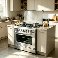 Cuisinière à gaz en acier inoxydable avec miroir de 90 cm pour cuisine domestique, cuisinière à gaz autonome avec indicateur de température, four monobloc noir à 5 brûleurs