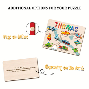 Jeu éducatif en bois Thomas pour enfants de 2 à 4 ans, puzzle de transport avec véhicules et personnalisation du nom, unisexe - Product Image 2