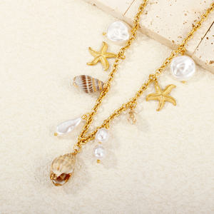 Collar con Colgante de Estrella de Mar con Temática Costera, Cuentas de Perlas Naturales, Capas de Conchas, Cadena de Acero Inoxidable Resistente para Mujer - Product Image 3