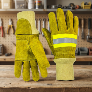 Fire Fighting Safety <b>Gloves</b> Leather <b>Knit</b> Wrist Reflective Stripe Abrasion Resistant Smooth Texture - Product Image 4