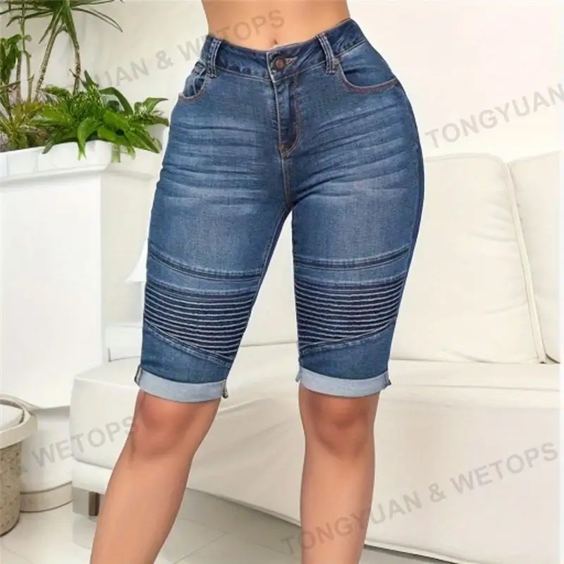 Custom Kleding Dames Knielengte Denim Shorts Stretch Slim Fit Half Jeans 5xl Capri Broek Butt Lift Broek Skinny Jeans