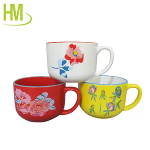 Wholesale 22 oz large classic decal spring sunshine soup bowl cup with handle ceramic soup bowl set