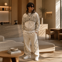 Ensemble de survêtement en molleton épais RAMAX avec broderie Lightning, capuche contrastante beige et marron, coupe oversize, vente en gros, usine OEM