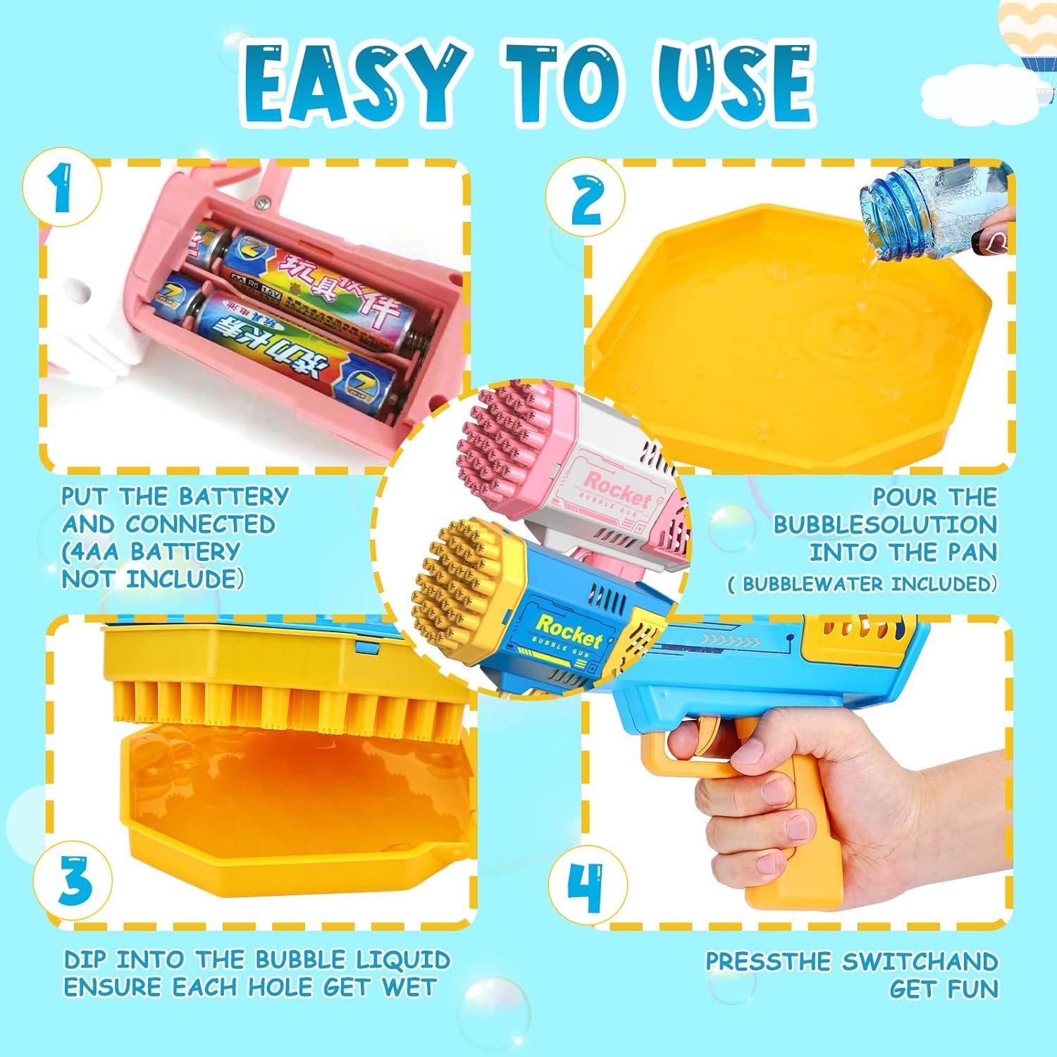 FS67853 Machine a Bulle Bazooka Bubble Machine 32 Trous pour Pistolet à Bulles pour Garçons et