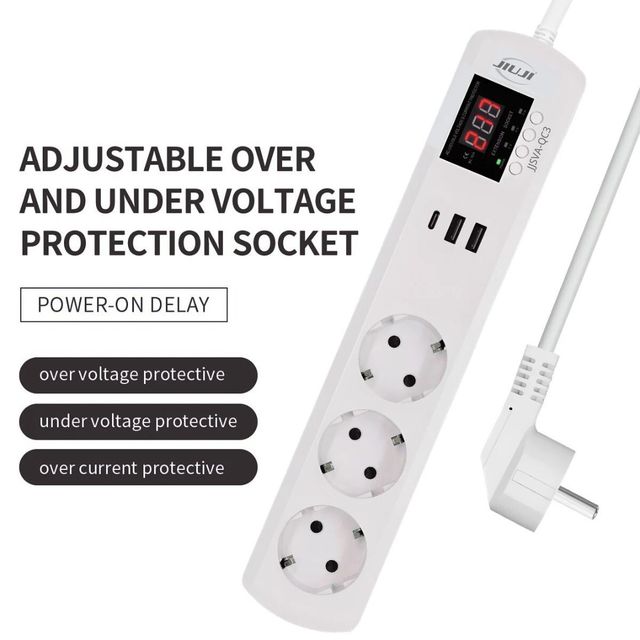JJSVA FC4 QC3 USB VA Protector Power Strip with 4 Outlets Adjustable Voltage/Current WIFI Enabled 16A Plug Socket