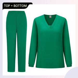 Women Long Sleeve Scrub Set Moisture Wicking Knitted Split Uniform For Medical Staff Hospital Workwear Green S XXL - Product Image 5