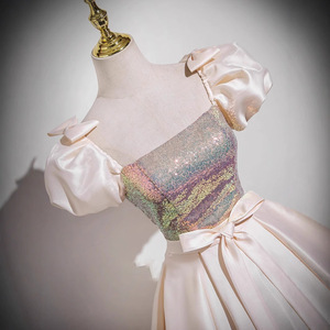 Champagne Ball Gown Square Neck Empire Waist Satin Evening Dress For Women Adult Birthday Princess Style 588 - Product Image 4