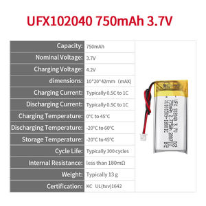 중국 <span class=keywords><strong>Lipo</strong></span> 셀 공장 UFX 102040 750mAh 3.7V 배터리 피부 클렌징 기기 - Product Image 2