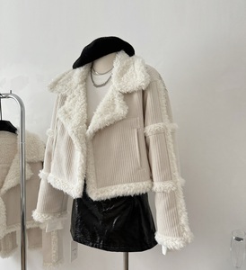 A11087 Ladies Fashion <strong>Short</strong> Woolen Jacket Coats PU <strong>Leather</strong> Dyed Vintage Decoration Zipper Closure Camel Sheep - Product Image 1