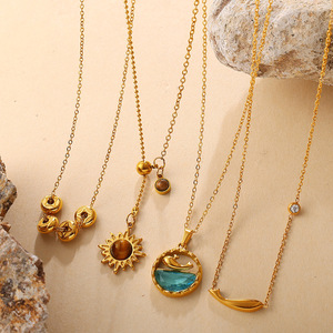 Collares con Colgante de Acero Inoxidable Chapado en Oro, Piedra Natural con Patrón de Sol, Luna y Mar, Joyería Unisex para Uso Diario - Product Image 2