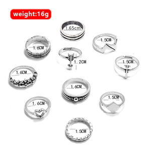 Fashion <b>Rings</b> Set 10pcs <b>Silver</b> Plated Heart Arrow <b>Feather</b> Flower Square Bohemia Style Women's Daily Wear Gift Jewelry - Product Image 4