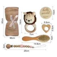 Crochet fait main animaux en peluche Lion pour nouveau-né bébé douche fête cadeau, brosse à cheveux de chèvre bonjour monde bois carte sucette factice