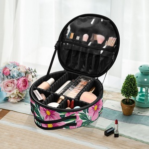 Round Portable Custom Print Hawaii Pink Flower Travel Cosmetic Brush Box Artist Professional <b>Makeup</b> Train <b>Case</b> with Divider - Product Image 6