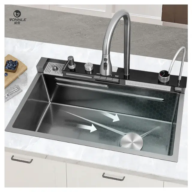 New home digital display kitchen sink waterfall modern kitchen sink stainless steel kitchen