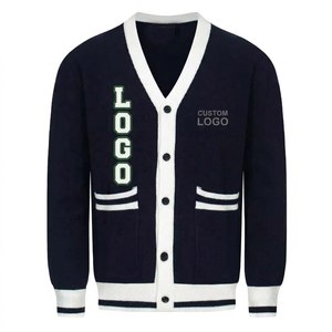 Cárdigan con cuello en V para hombre con logotipos personalizados, suéter de punto con gráficos coloridos, abotonado, informal, estilo estético. - Product Image 1
