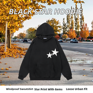 Sudadera con Capucha Oversize de Felpa para Otoño, 100% Algodón, Estampado Gráfico de Estrella de Cinco Puntas Negra, Logotipo Personalizado de Fábrica, Ropa Casual Urbana - Product Image 2
