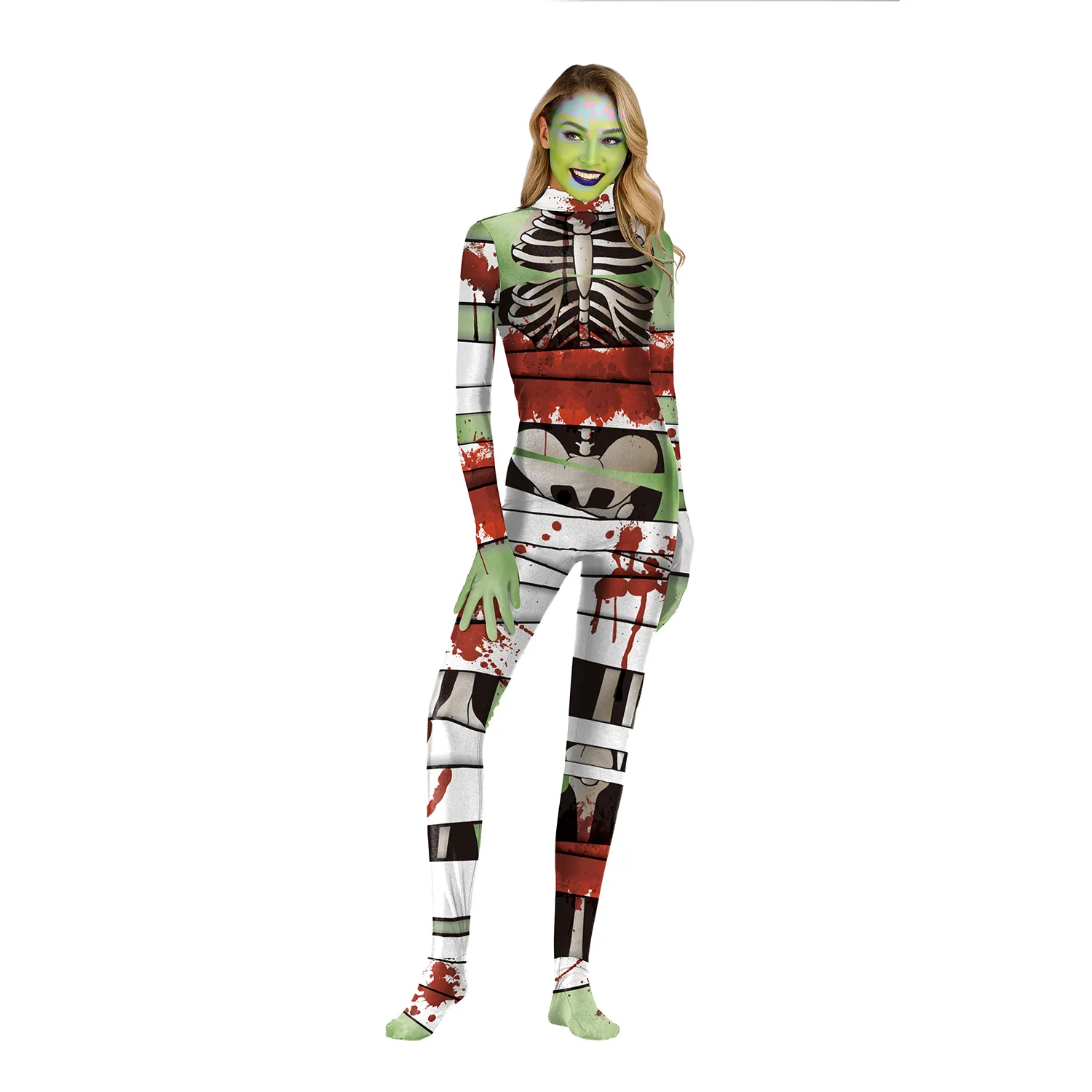 Sexy Vrouwen Cosplay Jumpsuits Print Halloween Kostuums Strakke Bodysuit Met Handen Met Voet N37-36