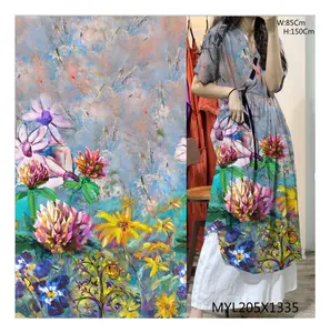 NO MOQ Verano Impresión digital delgada 70% Nylon 30% Tencel tela diseño de flores grandes para vestido de Dama