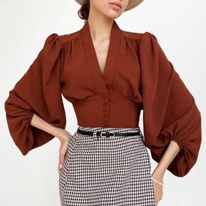 Chemisier Victorien pour Femme, Col <span class=keywords><strong>en</strong></span> V, Manches Longues Lanterne, Coupe Ajustée, Romantique et Élégant, Haut de Bureau d'Automne, Chemise de Travail, Vente <span class=keywords><strong>en</strong></span> Gros - Product Image 1