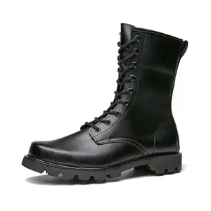 Botas de cuero genuino con punta de acero para hombre, Botines altos, zapatos de seguridad para el trabajo, combate al aire libre, color negro