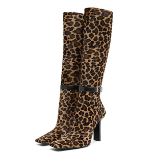 Nouvelles bottes hautes pour femmes à imprimé léopard, bout carré, en daim, avec boucles à la cheville, talons épais, bottes longues, taille 44, chaussures personnalisées - Product Image 3