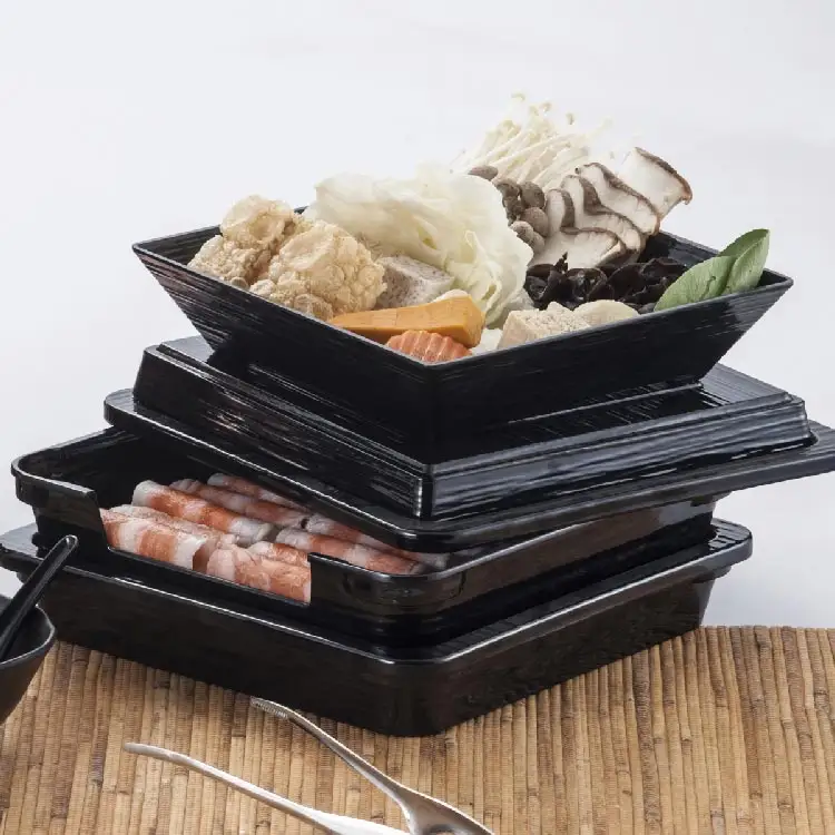 2023 New Design Food Serving Square Melamin Black Coconut Chicken Dishes Teller für Hot Pot Restaurant