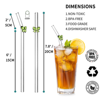 Vente en gros de paille en verre écologique et réutilisable de 8*200mm paille en verre design fleur colorée papillon paille transparente pliée pour jus