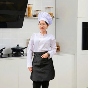 Veste de chef en gros à manches longues, blanche avec bordure noire, respirante, en polyester et coton, uniforme de cuisine, restaurant, hôtel, logo personnalisé OEM - Product Image 3