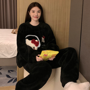 Pyjamas pour femmes, hiver, en peluche épaisse, pull à col rond, double poche, dessin animé, vêtements de maison, pyjamas, style Internet Red - Product Image 2