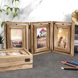 JUNJI 4x6 Rustic Wood Hinged Folding <strong>Triple</strong> Picture Collage Double-Sided Display Rotatable High Definition Glass <strong>Photo</strong> <strong>Frame</strong> - Product Image 1