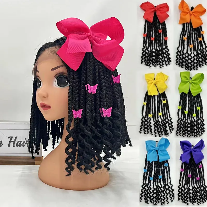 Hot selling kids braided ponytail with curly ends and bow tie kids hair with elastic band with butterfly clips
