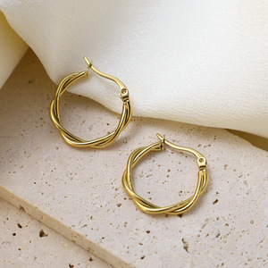 Geometric Twisted Hoop Earrings Gold Stainless Steel Fashion Jewelry - Product Image 3