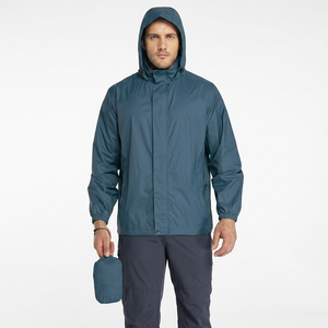 Men's Waterproof Hooded <b>Jacket</b> <b>Packable</b> Design Blue Casual Spring Wear Zipper Closure Stand Collar Regular Fit - Product Image 1