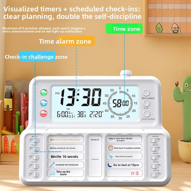 Three-in-one Daily Schedule Check-in Student Alarm Clock Snooze Backlit Visual Timer Self-discipline Management Battery Operated