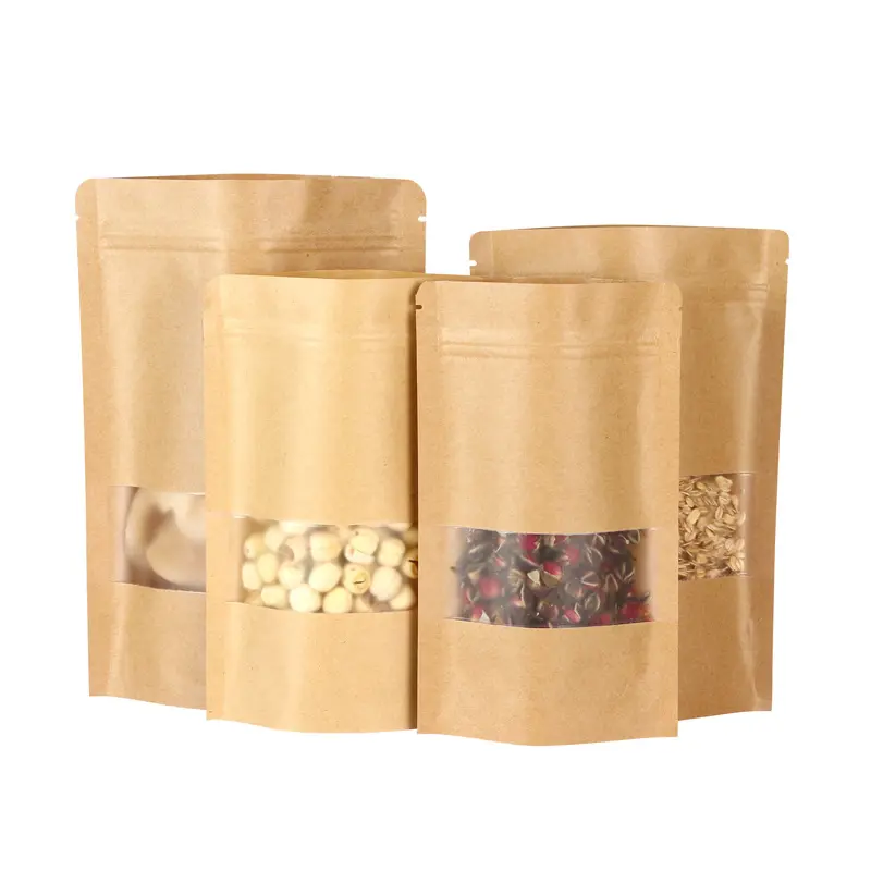 Custom Hersluitbare Rits Stand Up Pouch Kraft Papier Verpakking Zakken Met Venster Voor Voedsel Thee Koffie Snack