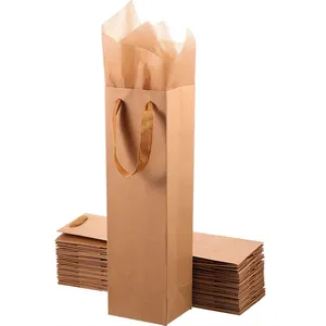 Высококачественные коричневые рождественские бумажные пакеты для бутылок из винного вина, винный пакет из крафт-бумаги с ручками
