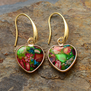 Heart Shape Drop Earrings <b>Red</b> Natural Stone Bezel Setting Gift Jewelry Zinc Alloy - Product Image 4