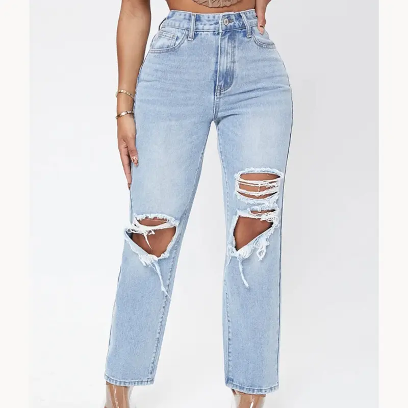 Custom Factory Wholesale Womens High Waist Ripped Denim Straight Jeans Women