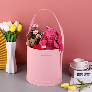 Luxury Carrying Round Pu Leather Bucket Flower Box Flower Holding Bucket Flower Packaging Florist Gift Boxes