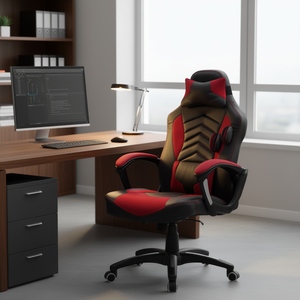 Chaise de bureau de direction à dossier haut en cuir PU noir et rouge, avec support lombaire, pivotante, inclinable, accoudoirs réglables, design contemporain - Product Image 2