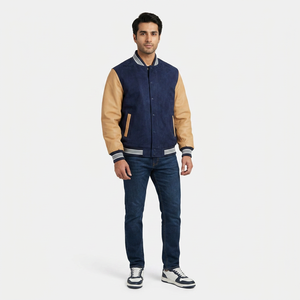 FINER THREADS Custom <b>Men</b> and Women Stand Collar Front Logo Breathable Genuine Leather <b>Baseball</b> Letterman Varsity <b>Jacket</b> - Product Image 1