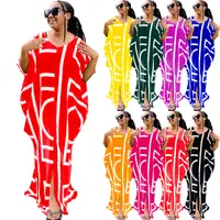 C0306TA70 Afrikaanse Laatste Vleermuis Mouw Losse Print Slit Maxi Jurk Vrouwen Sehe Mode